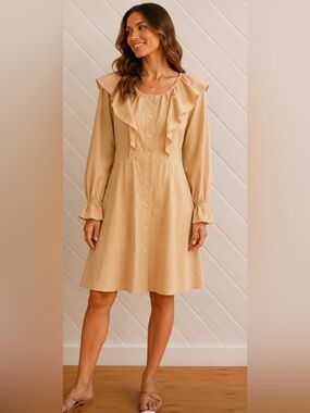 SANDRO Long-Sleeve Ruffle Button Dress Linen/Viscose Blend with Tie Waist